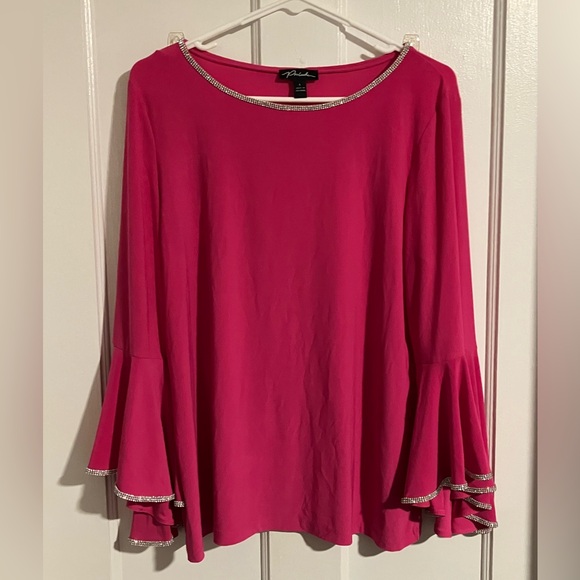Prelude Tops - Stretchy hot pink shirt with flare sleeves and rhinestone trim